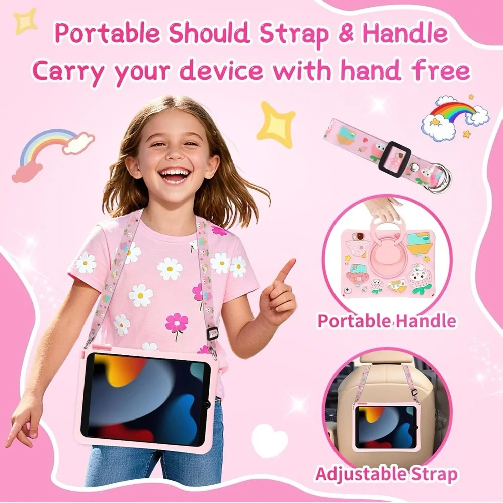 Kids iPad 10.2 Case Pink Strawberry Mushroom w Strap Stand iPad 7th 8th 9th